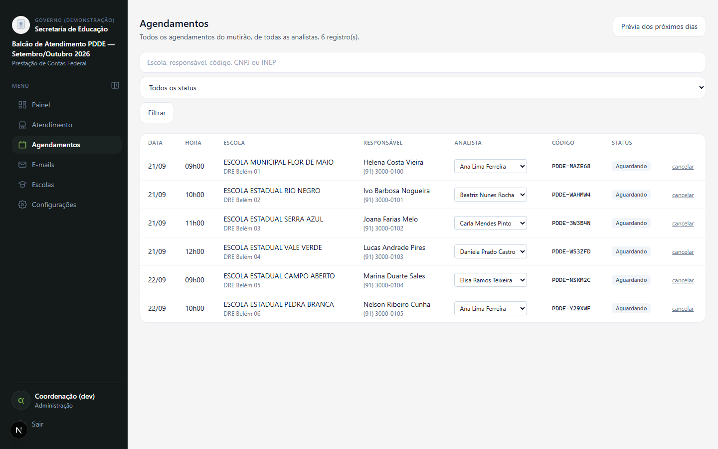 Full appointment list across all analysts, with search by school, representative, protocol code, CNPJ or INEP, a status filter, and a per-row analyst assignment dropdown.