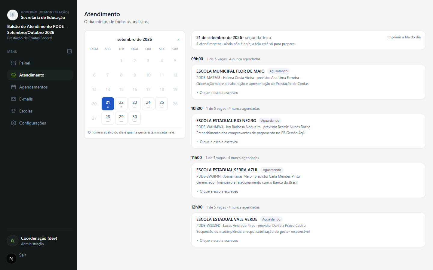 The day's service desk: a month calendar on the left with a booking count under each day, and the day's queue on the right listing each school, its protocol code, the assigned analyst and the topic to be covered.