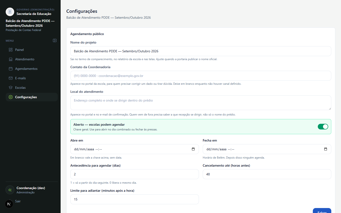 Settings for the drive: project name, coordination contact, venue, a master switch for whether schools can book, opening and closing dates, minimum notice in days, and the cancellation cut-off in hours.