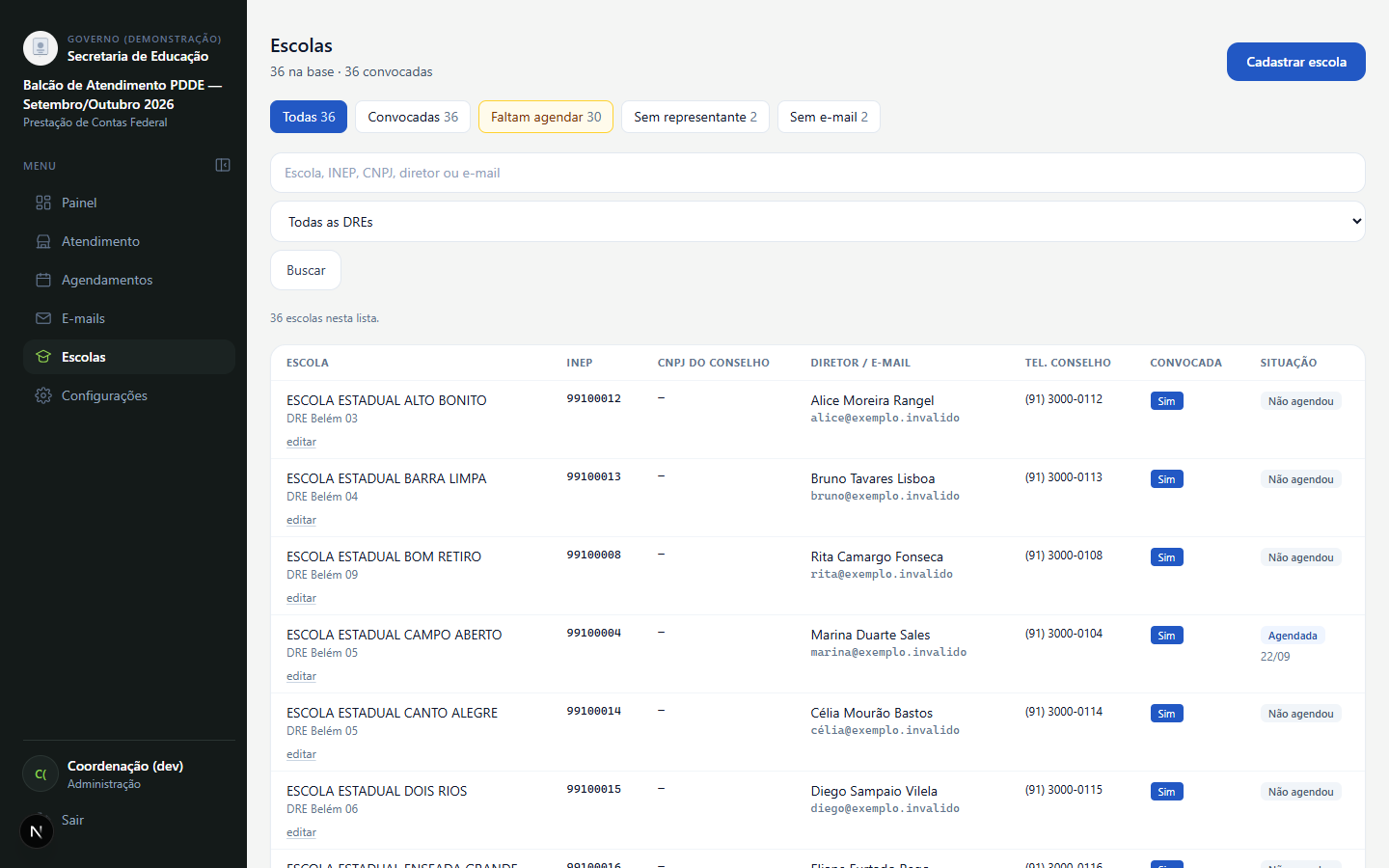 School registry listing name, INEP code, council CNPJ, director and e-mail, phone, whether the school was invited, and its scheduling status — with quick filters for schools yet to book, without a representative, or without an e-mail.