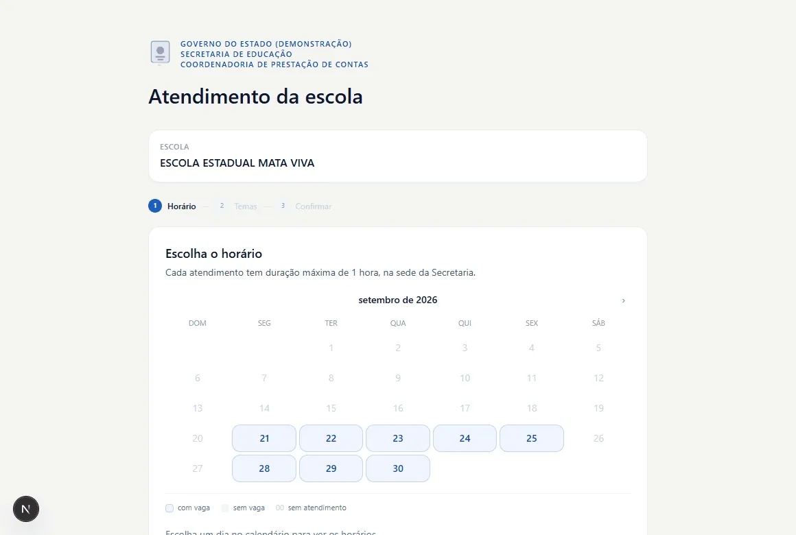 Animated walkthrough of a school booking a slot: picking a day, then a time, then the topics to be covered, then confirming.
