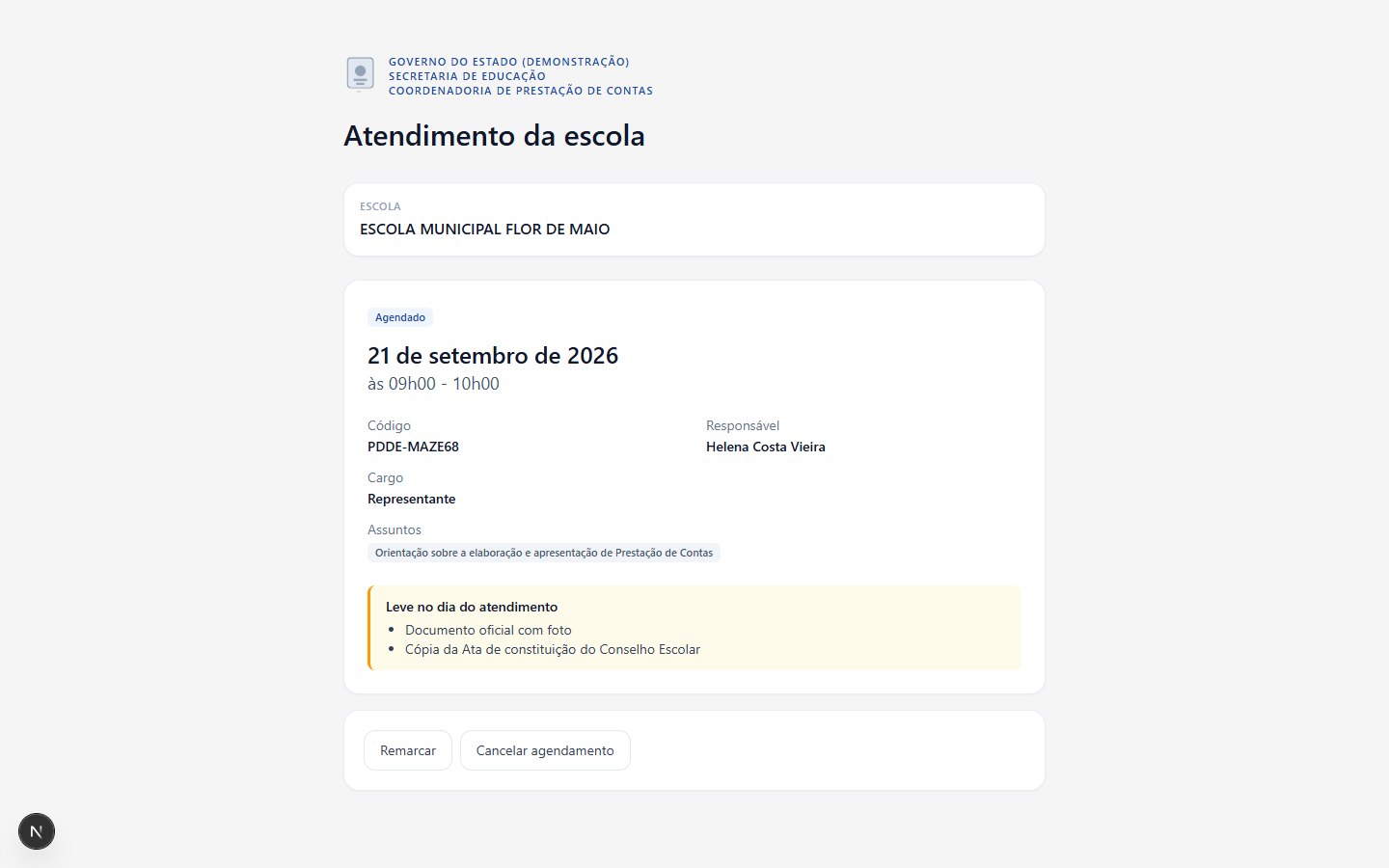 The school's own portal, reached by signed-token link: the booked date and time, protocol code, representative, topics, what to bring on the day, and buttons to reschedule or cancel.