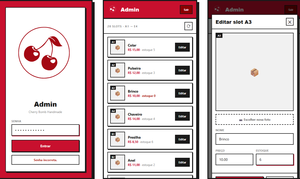 The admin panel on a phone in three screens: password login, the list of twenty slots with price and stock, and the slot editor with photo upload, name, price and stock fields.