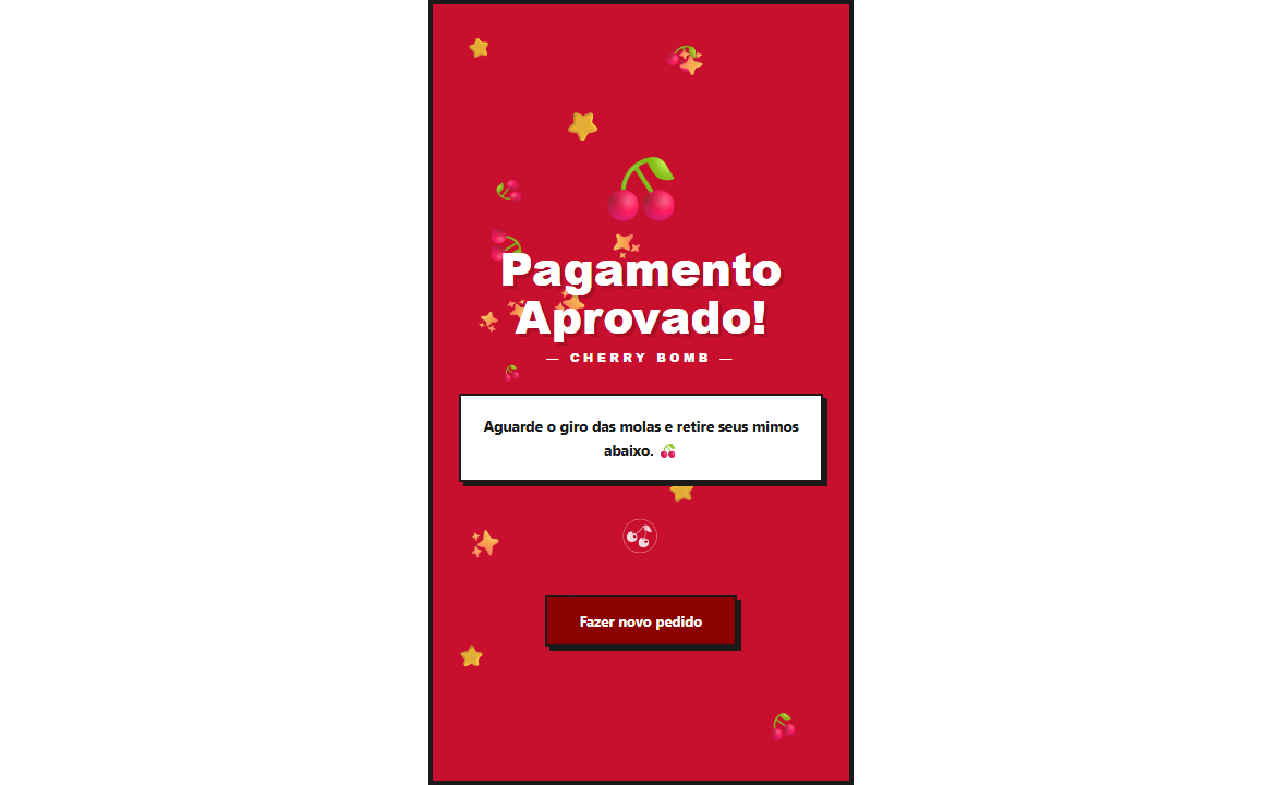 The success screen after an approved payment, confirming the order and offering to start a new purchase.