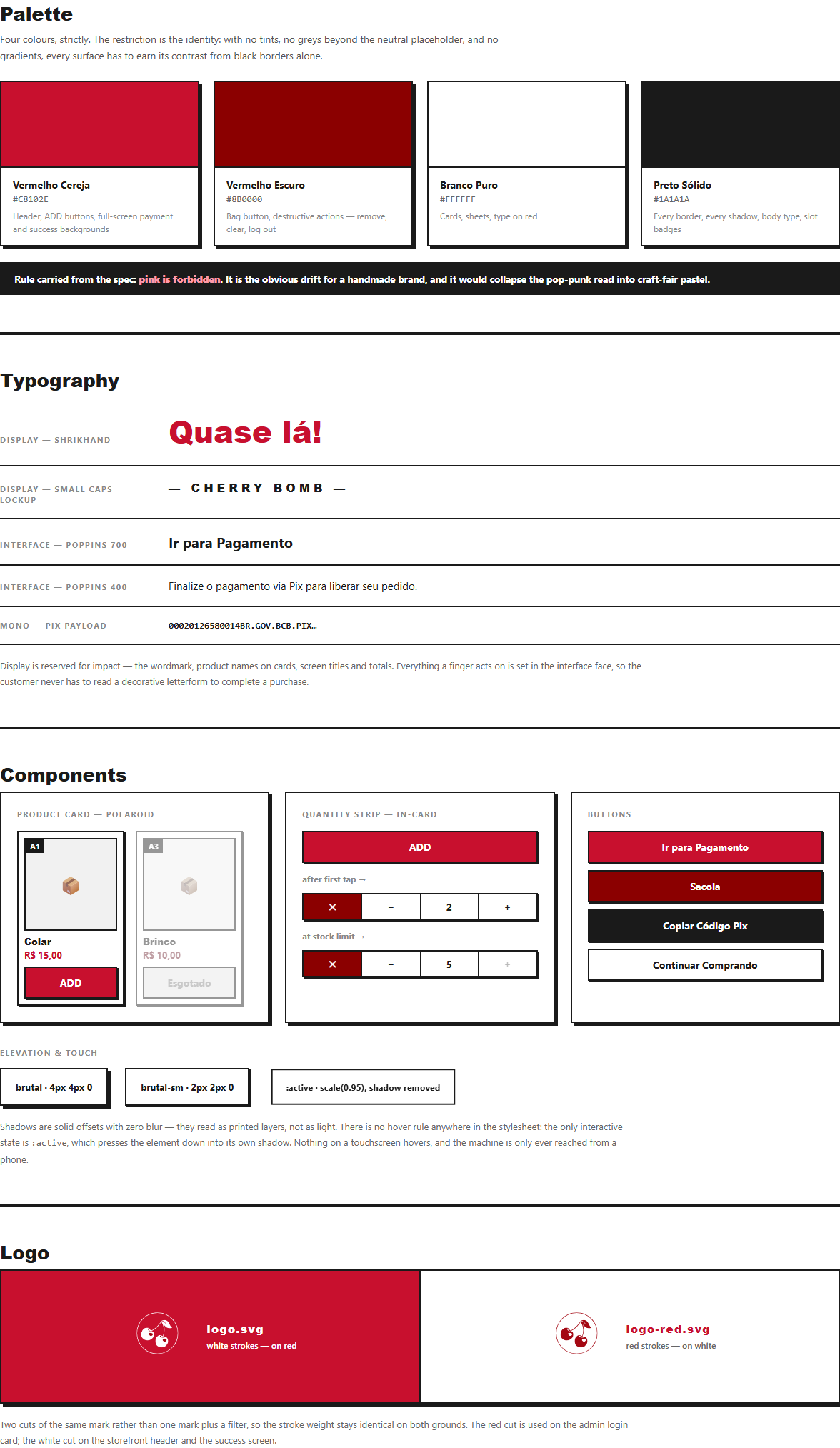 Brand system sheet: the four-colour palette with usage notes, the display and interface typefaces, component specimens for product cards, quantity strips and buttons, the flat offset shadow scale, and the two cuts of the cherry logo.