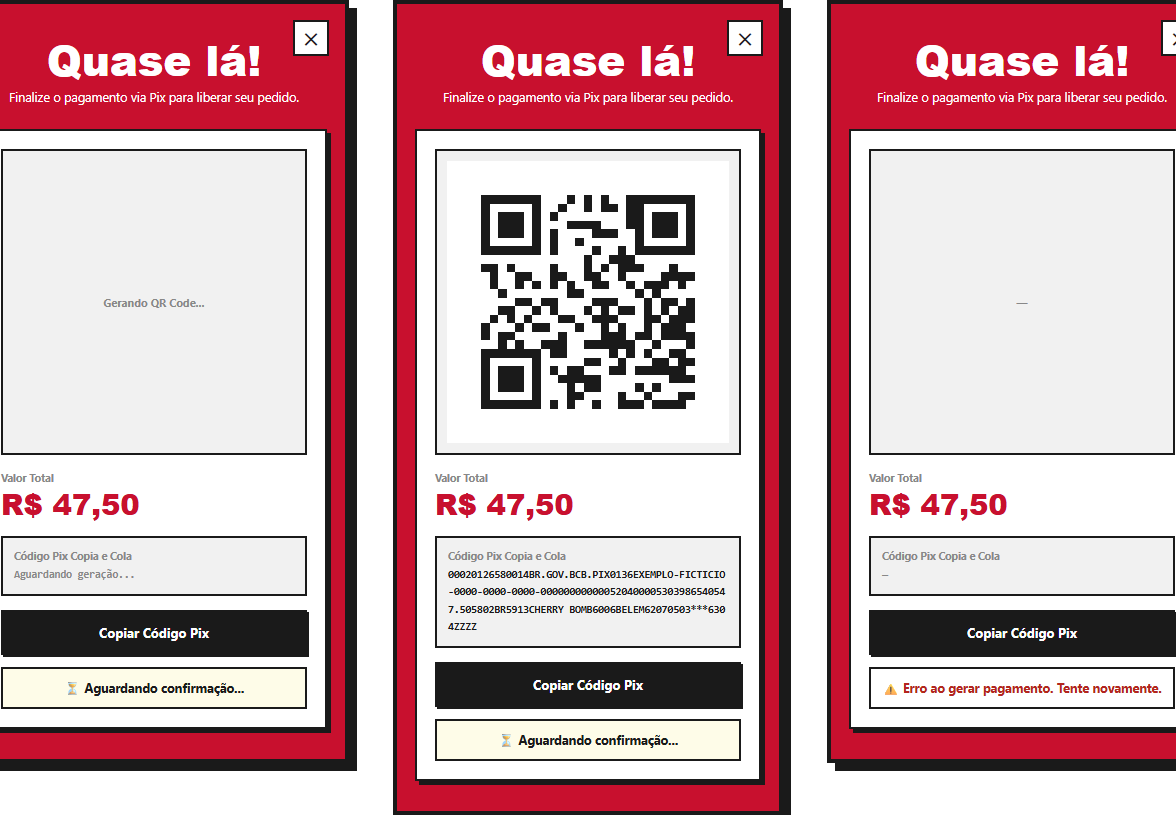 Three states of the Pix payment screen on a phone: the charge being generated, the QR code with a copy-and-paste code awaiting confirmation, and a generation failure.