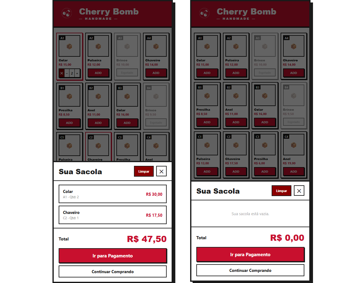 The bag as a bottom sheet on a phone, shown with two items listed against their slot addresses and totals, and again in its empty state.