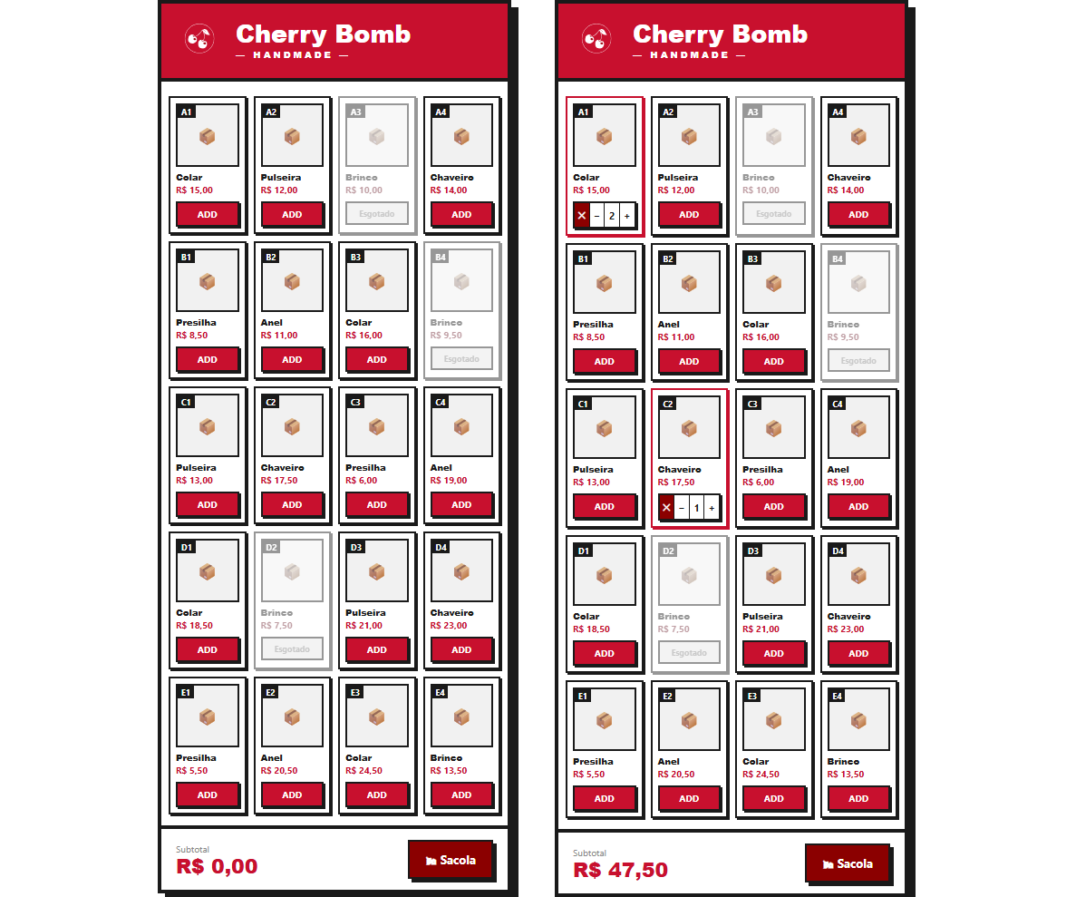 The storefront grid on a phone: twenty product cards addressed A1 to E4, each with a price and an ADD button.