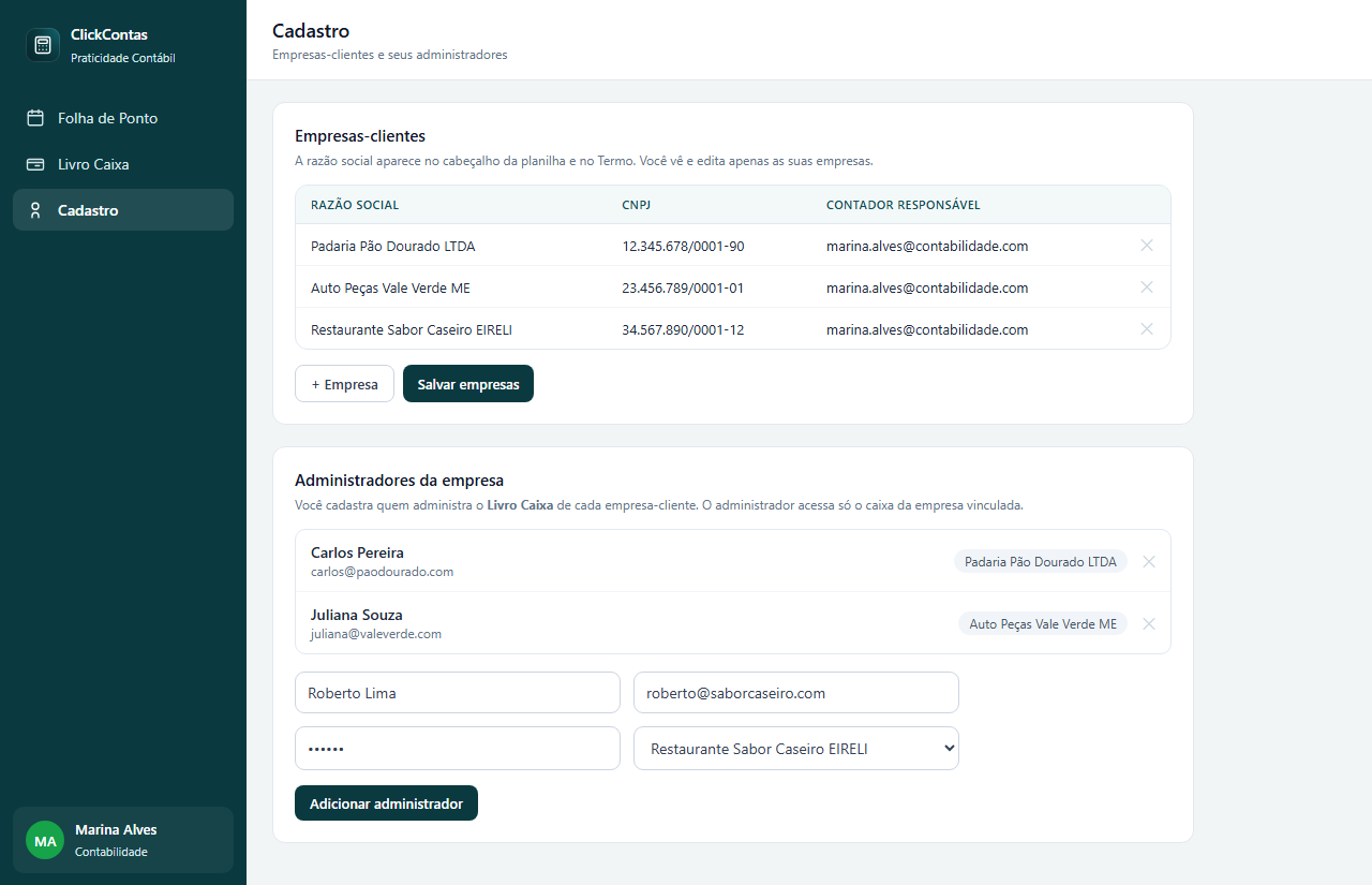 Registry screen listing client companies with legal name and tax number, and the administrators linked to each one.