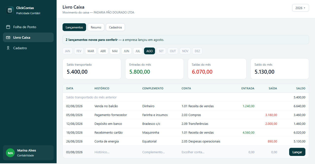 ClickContas cash book: monthly entries with carried balance, income and expense totals, and a running balance column.