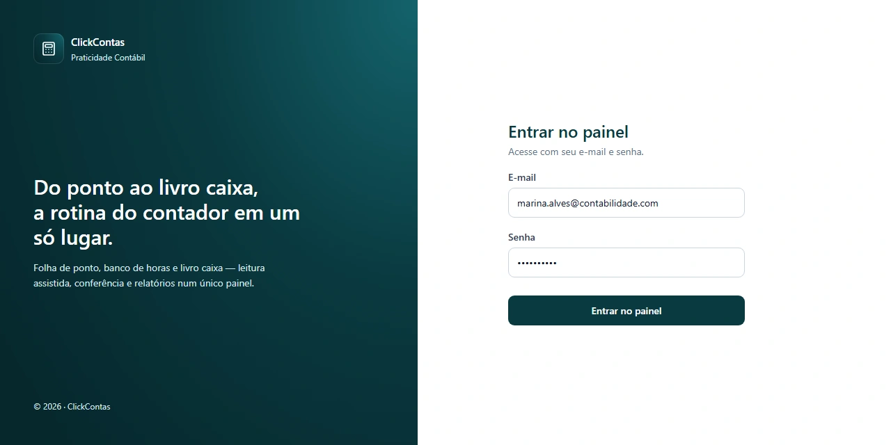 Sign-in screen, with the product's teal brand panel on the left and the e-mail and password form on the right.