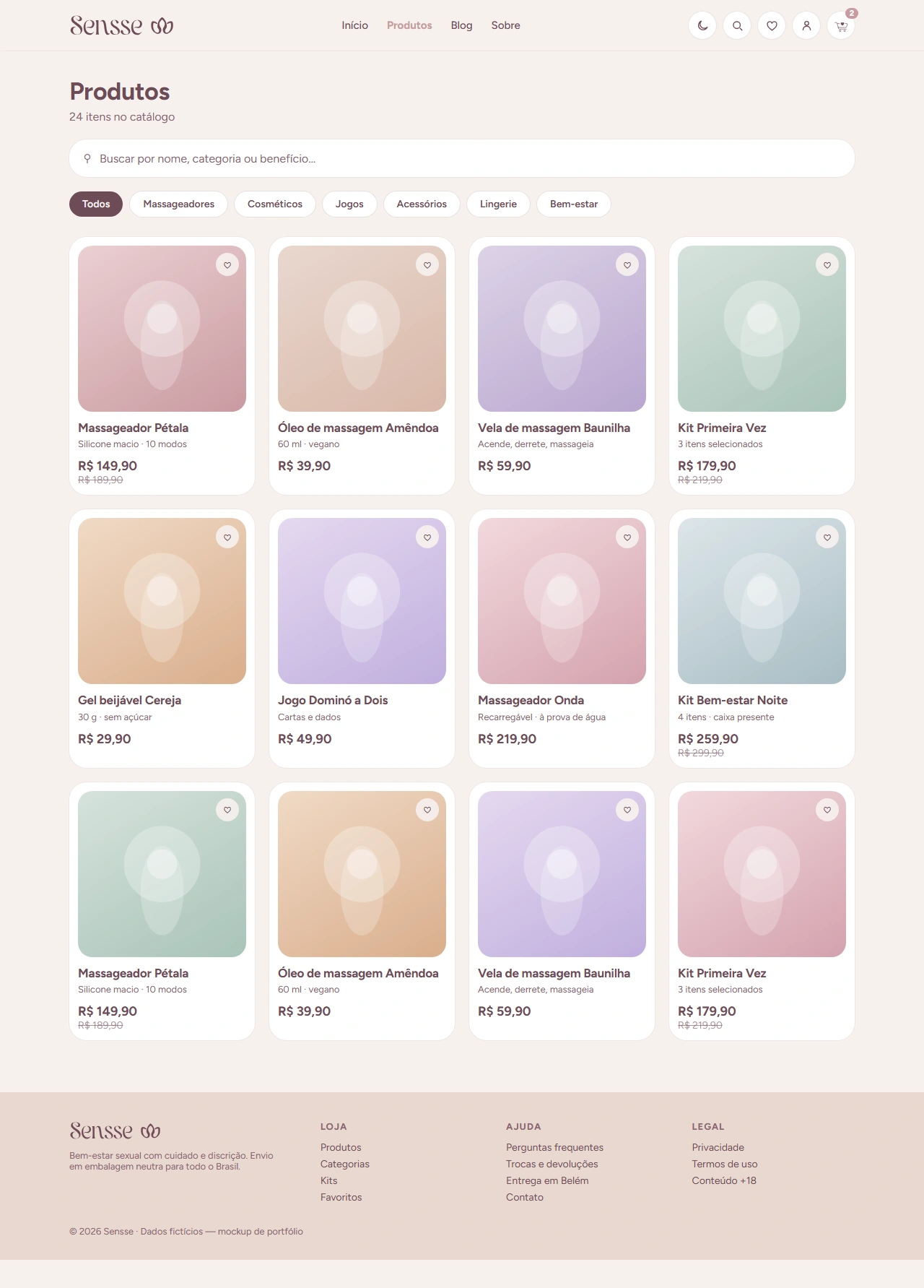 Catalogue with a search field, category filters and a grid of product cards showing price and Pix price.