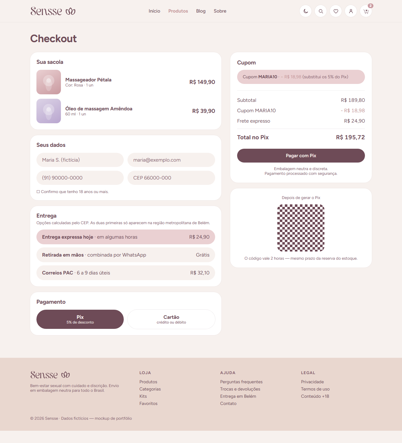 Checkout: bag contents, postcode shipping quote with a same-day option, Pix versus card selection, coupon field and order totals.
