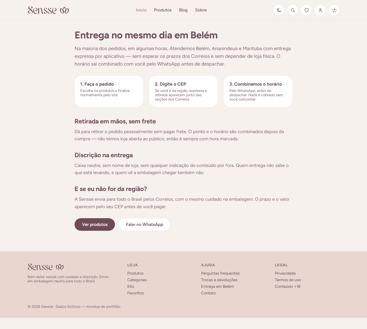 Same-day delivery page explaining coverage across Belém, Ananindeua and Marituba, cut-off times and neutral packaging.