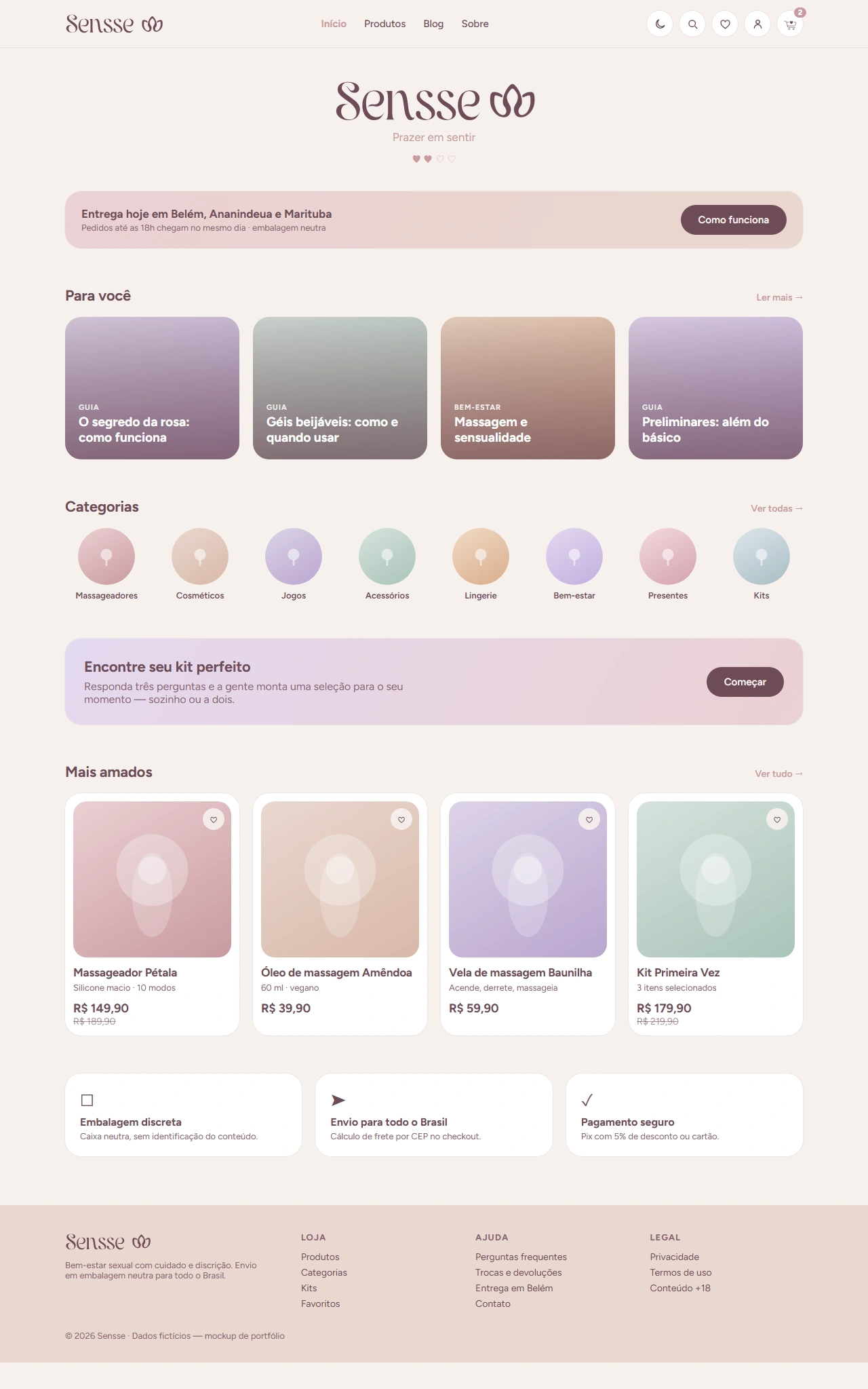 Sensse storefront home page: brand header, same-day regional delivery banner, editorial posts and product categories.