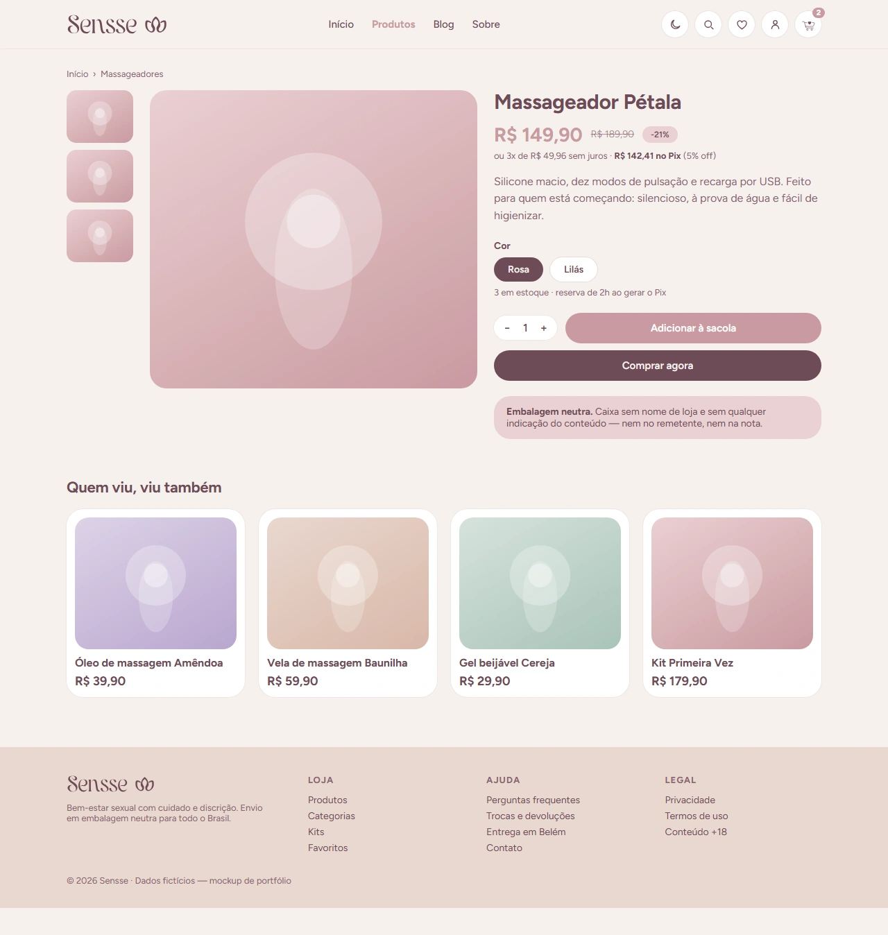 Product page: image gallery, colour variant, stock count with the Pix reservation window, Pix price, and a neutral-packaging notice.